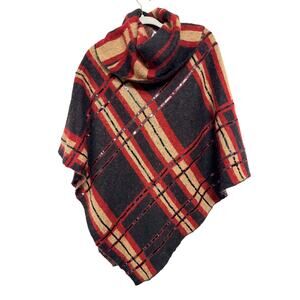 Chico's Plaid Sequin Poncho L/XL Red Black Camel Cowl Neck Festive Shimme